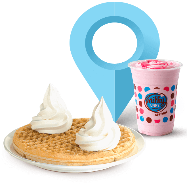waffle with ice cream and milkshake with map marker