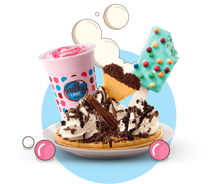 waffle with ice cream, milkshake and nicecream stix