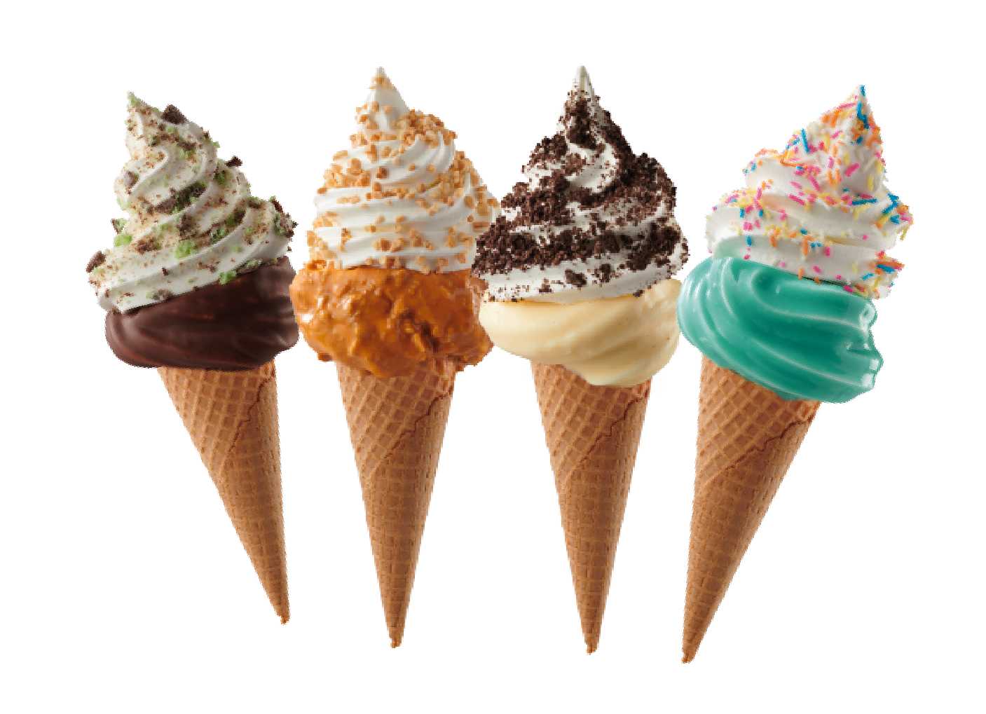 4 different ice cream cones and flavours