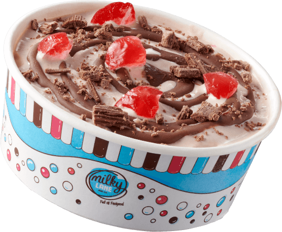 Tub of ice cream with cherries and chocolate pieces