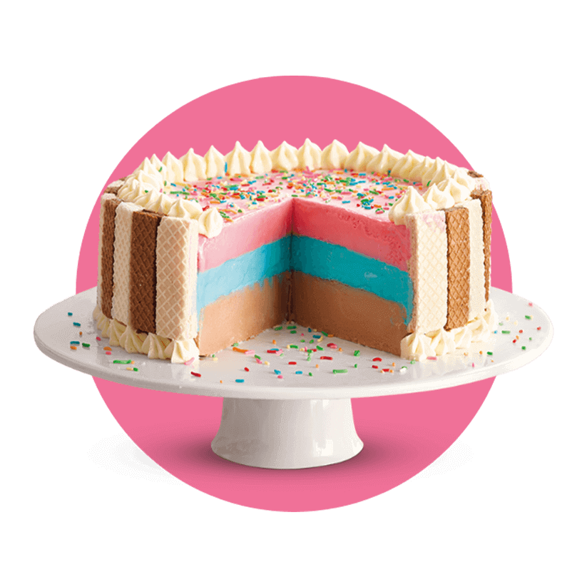 An ice cream cake on a white platter against a pink background.