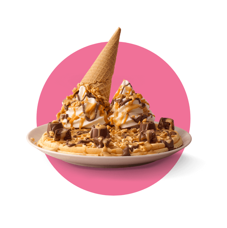Rolo waffle with caramel sauce and ice cream