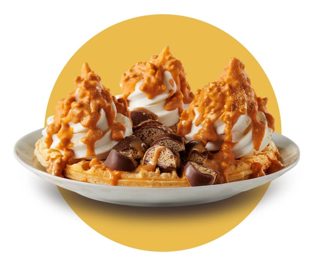 Waffle and ice cream with caramel sauce
