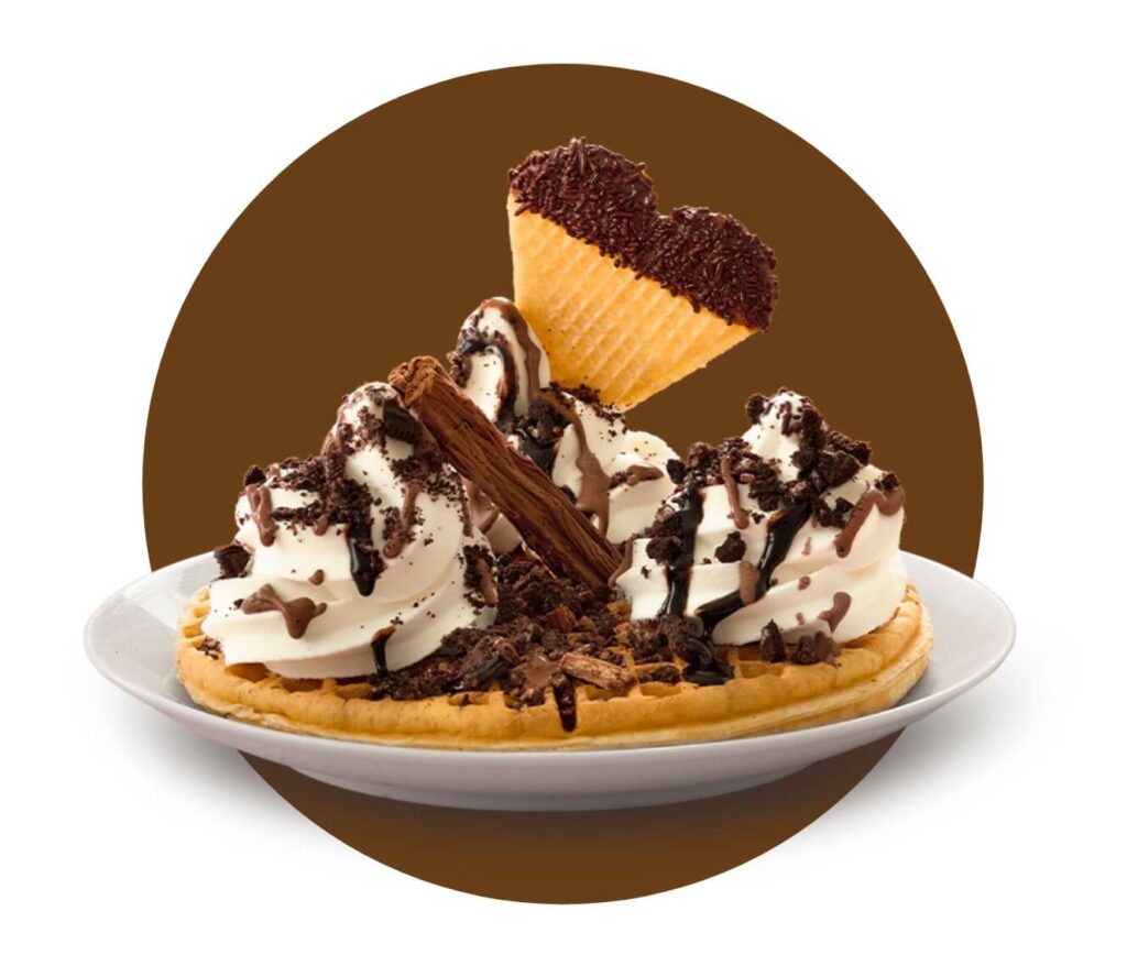 Waffle and ice cream with chocolate sauce