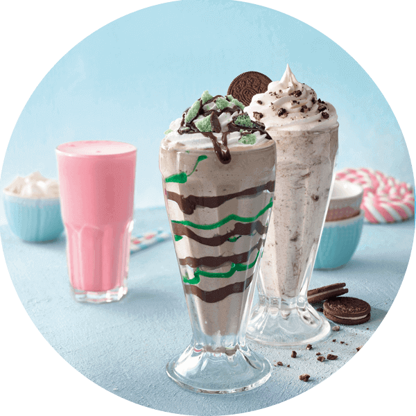 Peppermint crip milkshake, oreo cookies milkshake and a strawberry milkshake