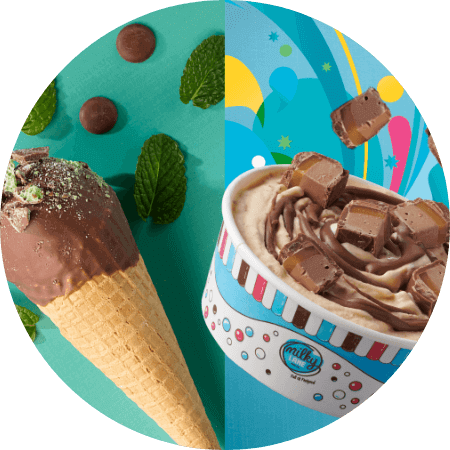 Ice cream cone dipped in chocolate and bar one ice cream in a tub
